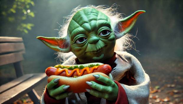 Yoda eating a hotdog